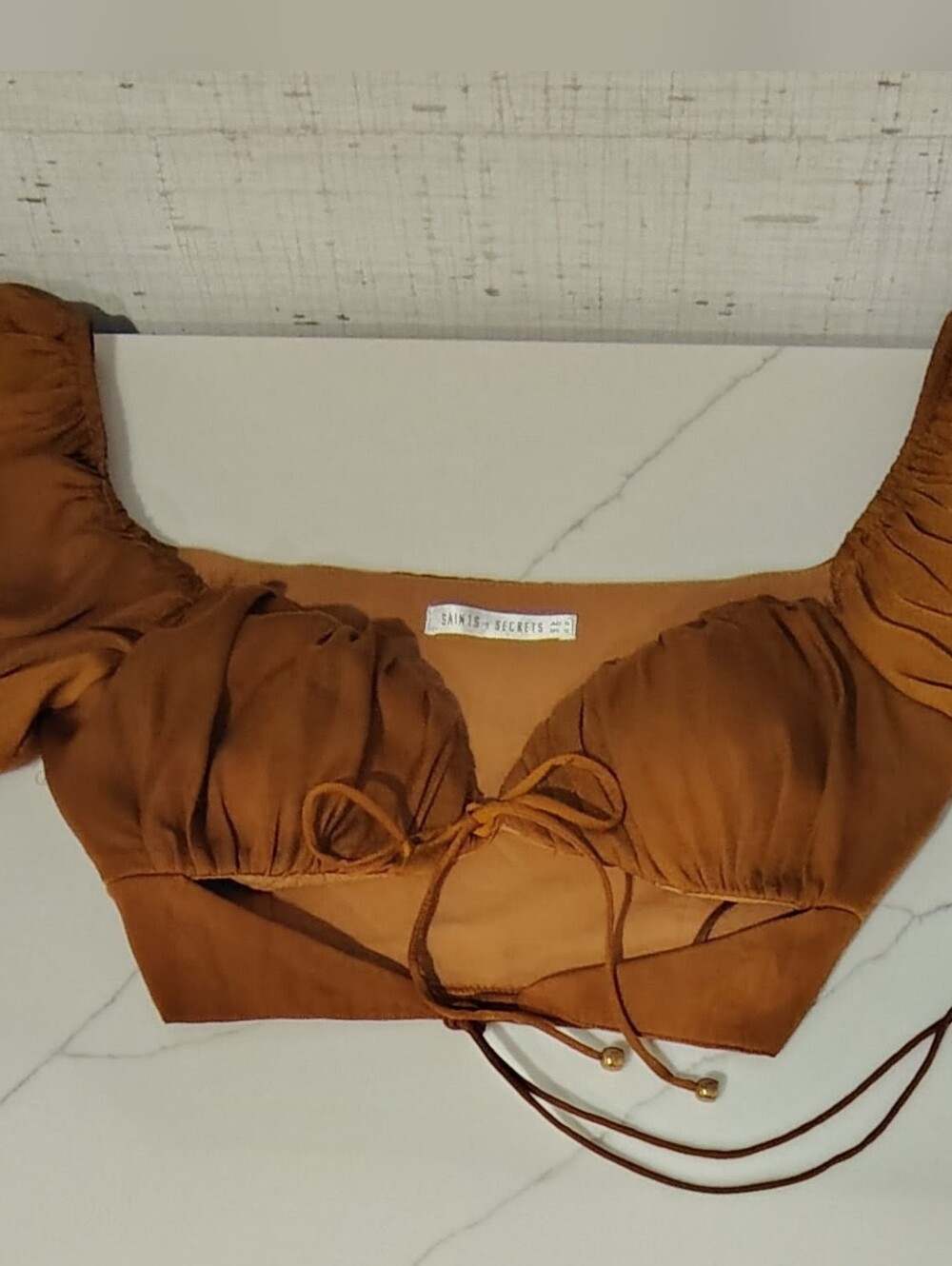 Chocolate Brown Satin Tie-Front Cropped Puff Sleeve Top by Saints + Secrets Sz S